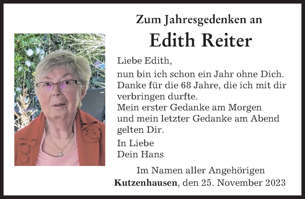 Traueranzeige von Edith Reiter von Augsburger Allgemeine