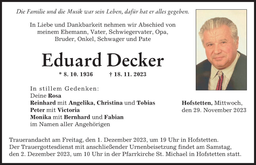  Traueranzeige für Eduard Decker vom 29.11.2023 aus Landsberger Tagblatt