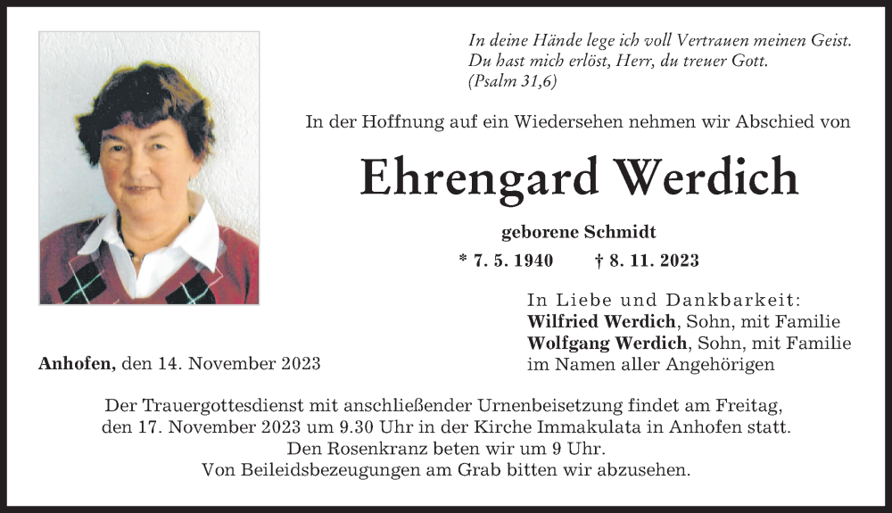 Traueranzeige von Ehrengard Werdich von Günzburger Zeitung