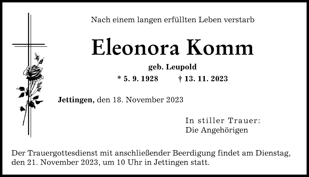 Traueranzeige von Eleonora Komm von Günzburger Zeitung