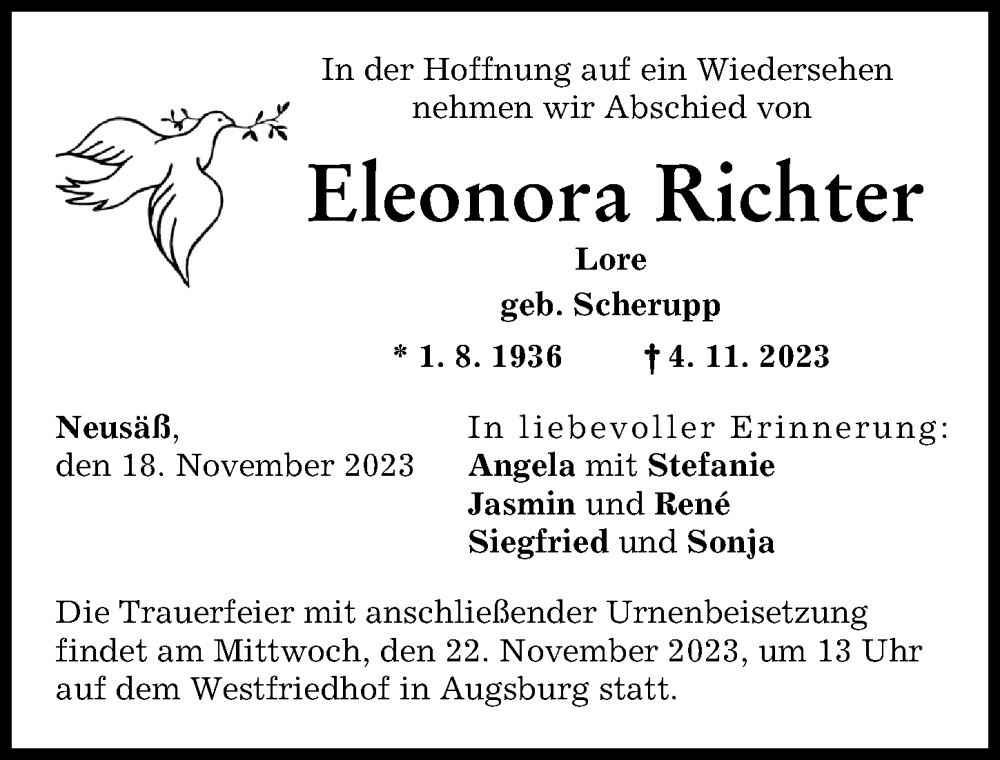 Traueranzeige von Eleonora Richter von Augsburger Allgemeine