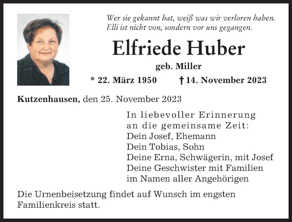  Traueranzeige für Elfriede Huber vom 25.11.2023 aus Augsburger Allgemeine