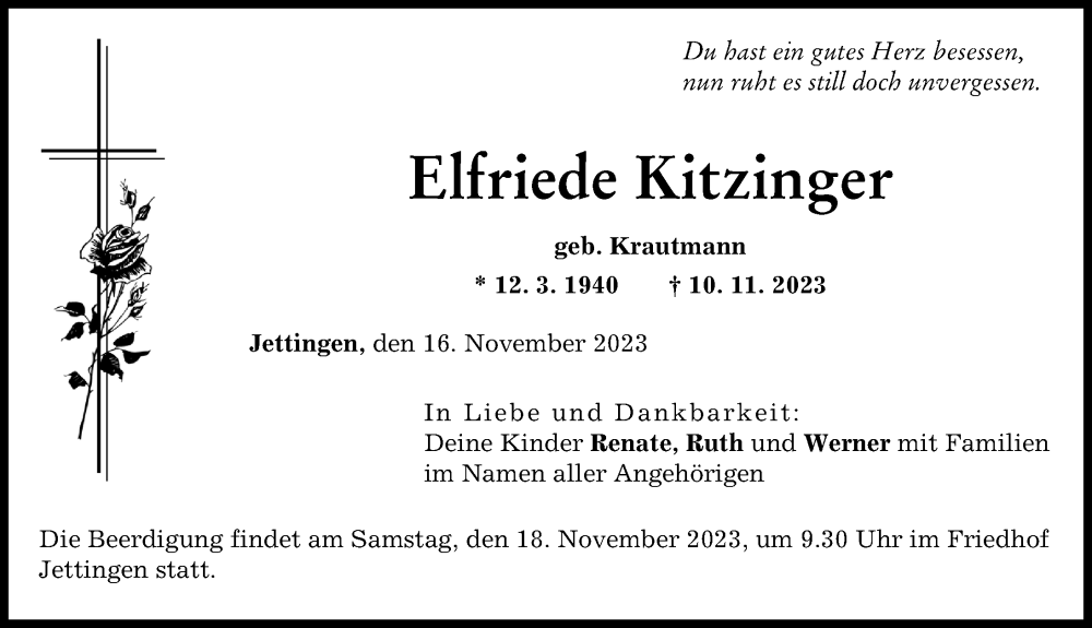 Traueranzeige von Elfriede Kitzinger von Günzburger Zeitung