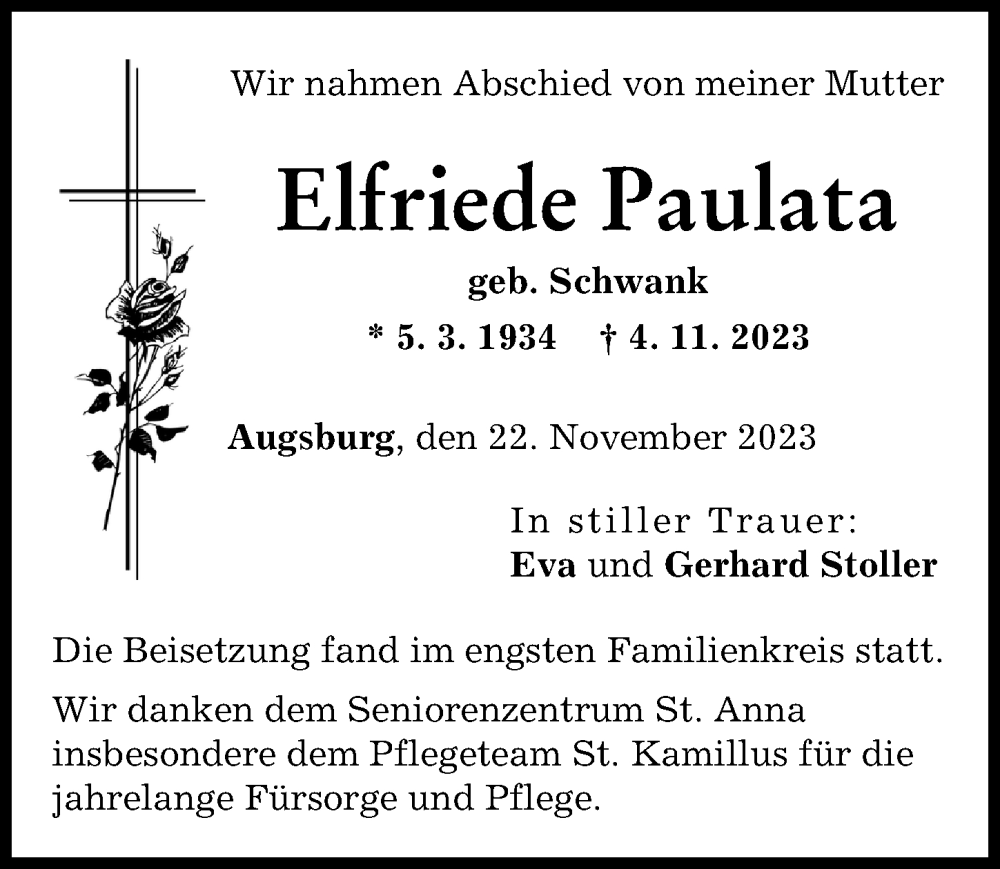 Traueranzeige von Elfriede Paulata von Augsburger Allgemeine