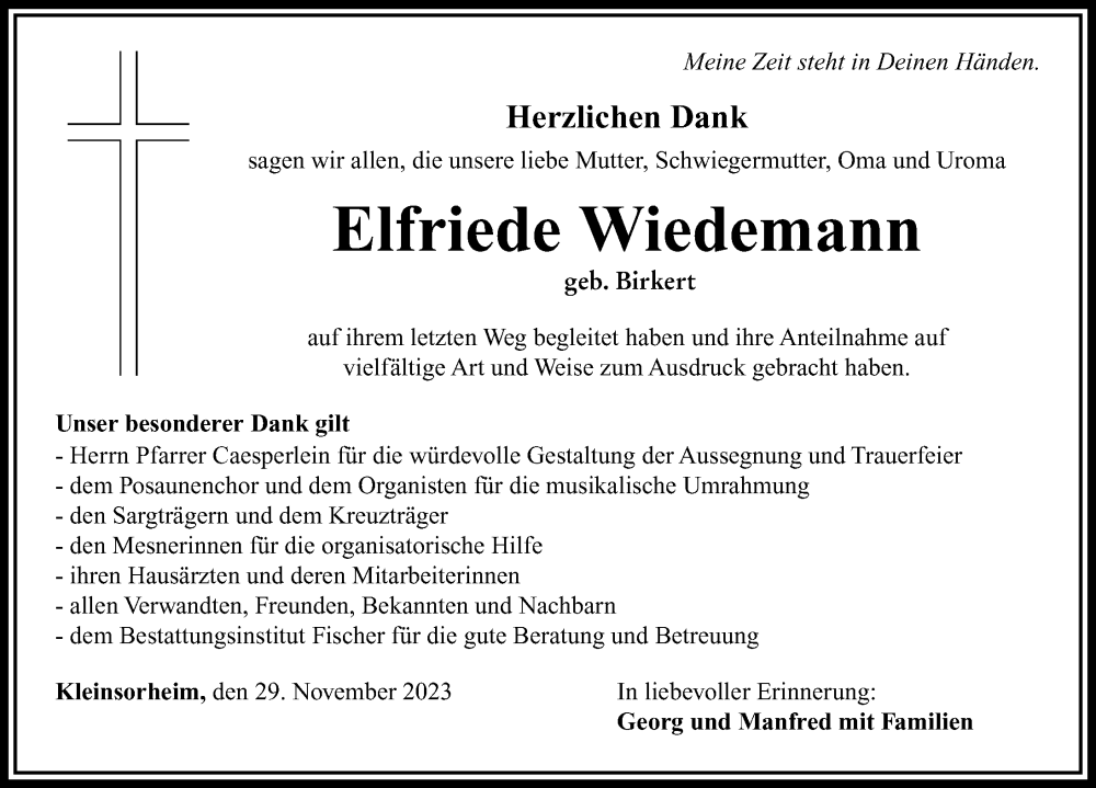  Traueranzeige für Elfriede Wiedemann vom 29.11.2023 aus Rieser Nachrichten