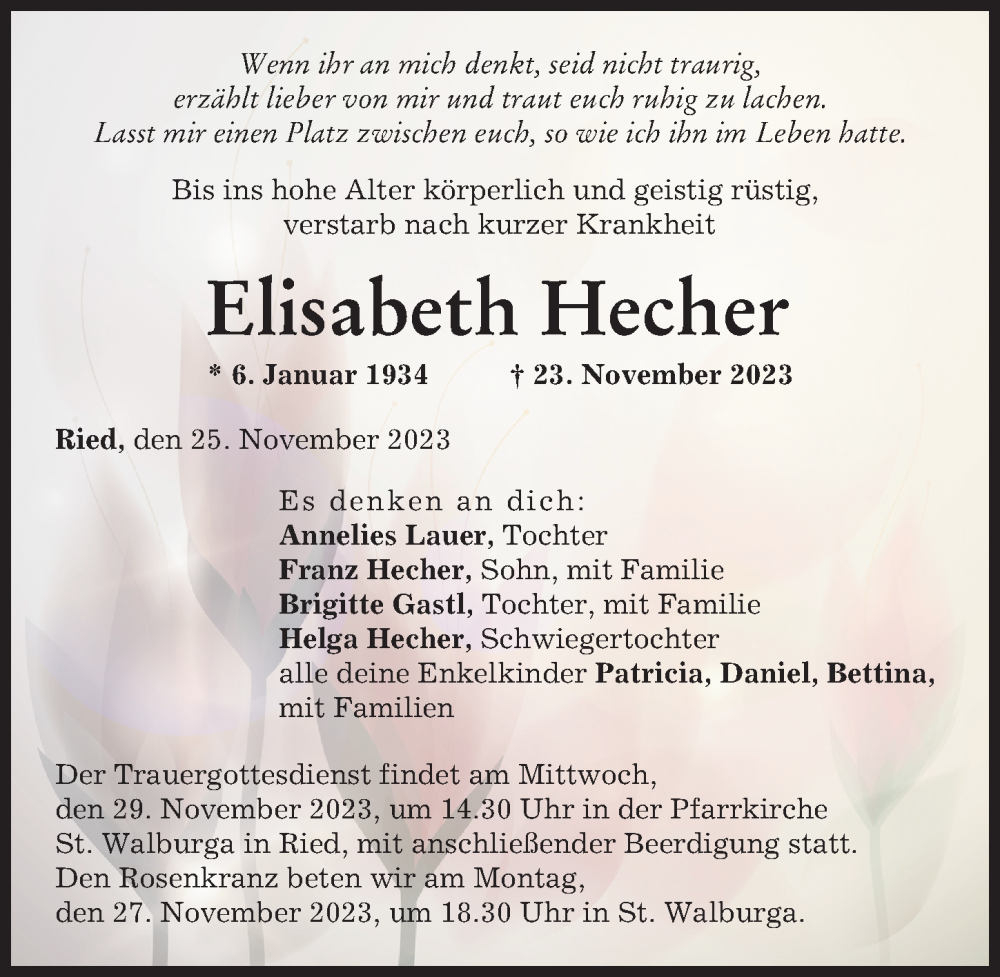 Traueranzeige von Elisabeth Hecher von Friedberger Allgemeine