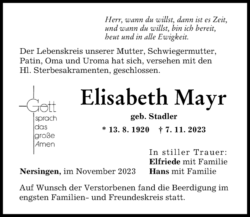 Traueranzeige von Elisabeth Mayr von Neu-Ulmer Zeitung