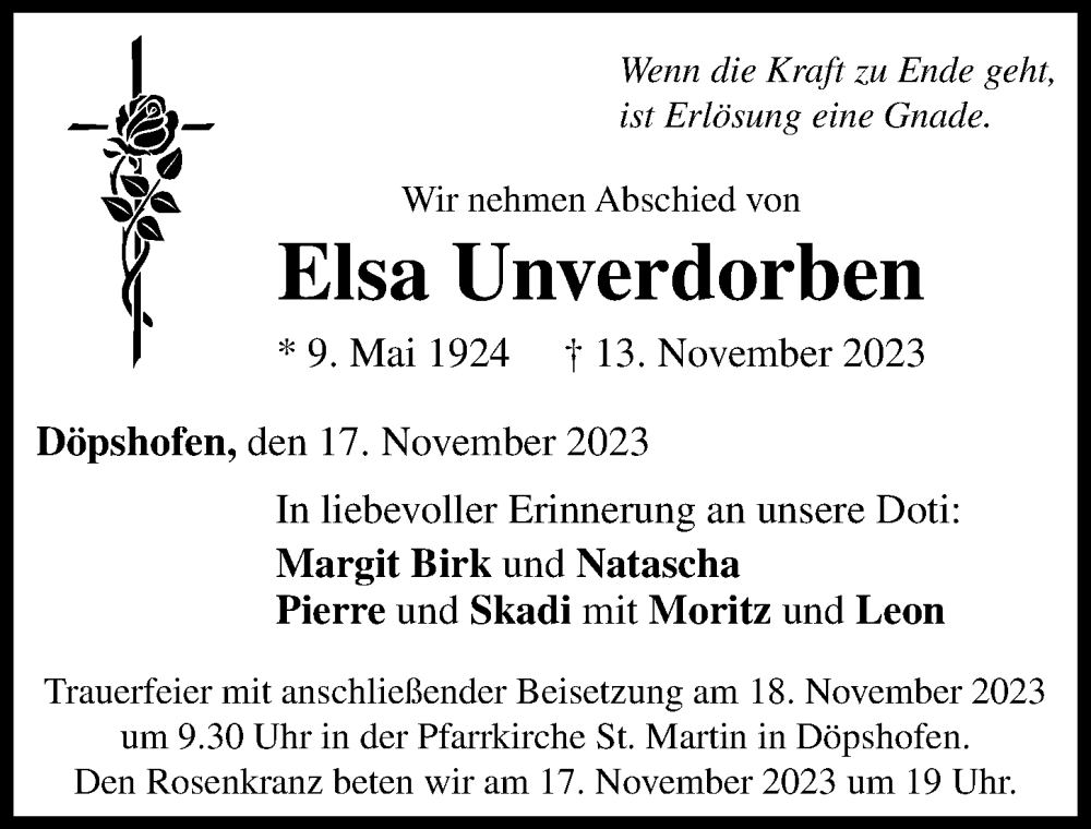 Traueranzeige von Elsa Unverdorben von Augsburg-Land