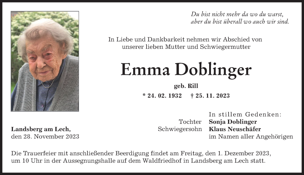 Traueranzeige von Emma Doblinger von Landsberger Tagblatt