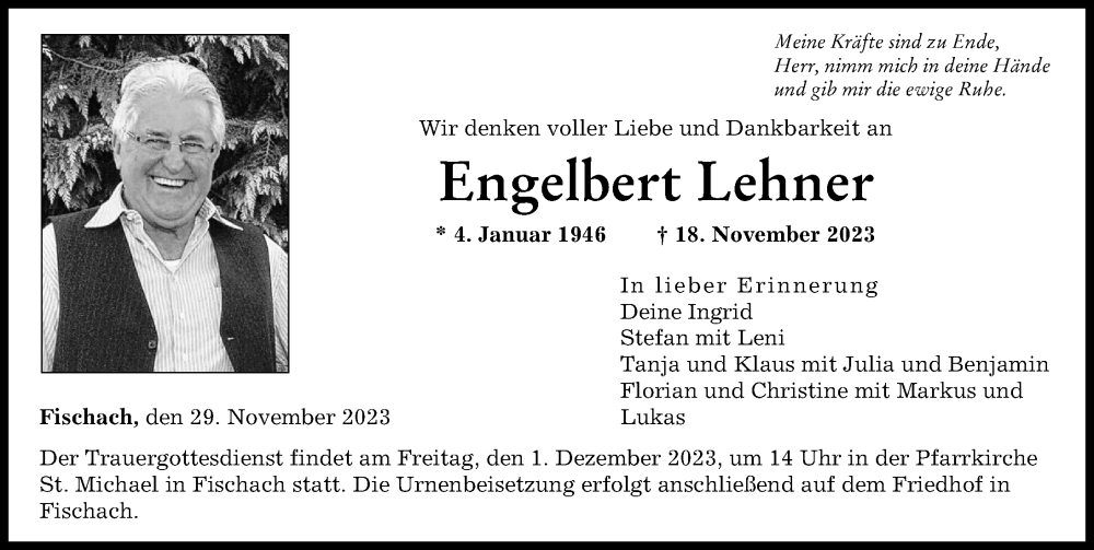  Traueranzeige für Engelbert Lehner vom 29.11.2023 aus Augsburger Allgemeine