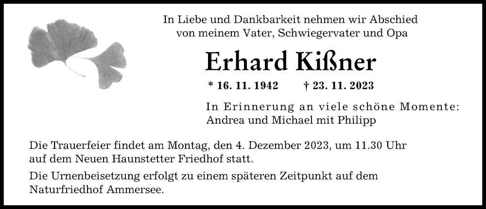  Traueranzeige für Erhard Kißner vom 29.11.2023 aus Augsburger Allgemeine