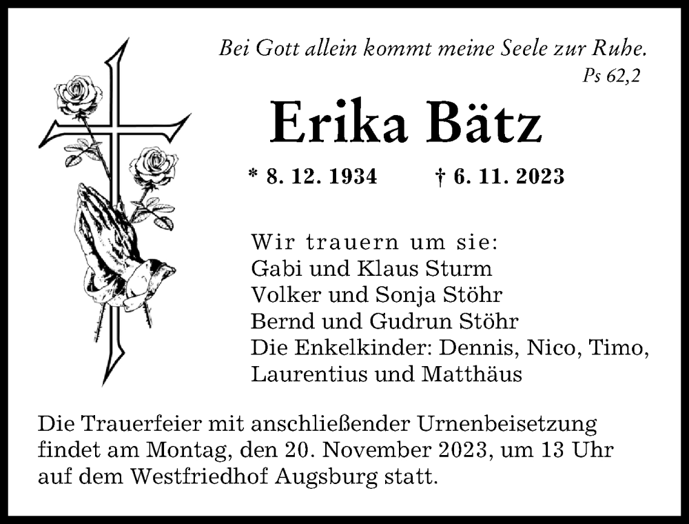 Traueranzeige von Erika Bätz von Augsburger Allgemeine