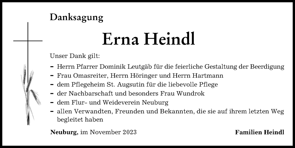 Traueranzeige von Erna Heindl von Neuburger Rundschau