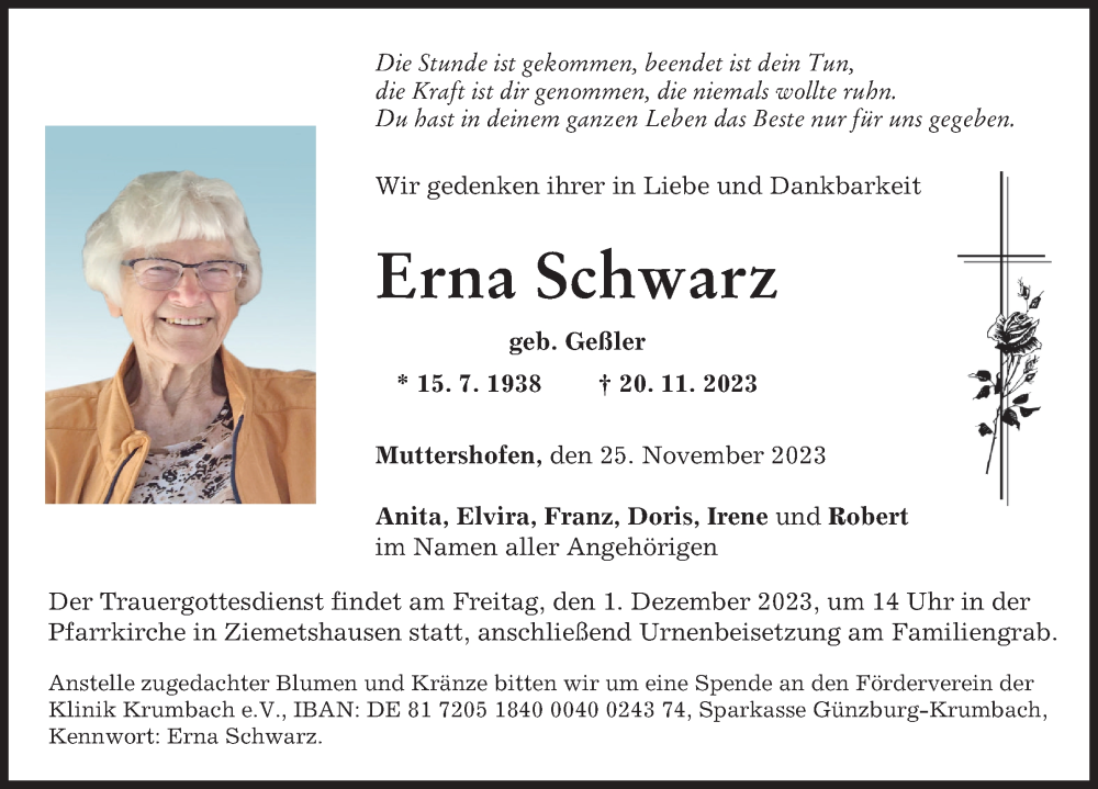  Traueranzeige für Erna Schwarz vom 25.11.2023 aus Mittelschwäbische Nachrichten