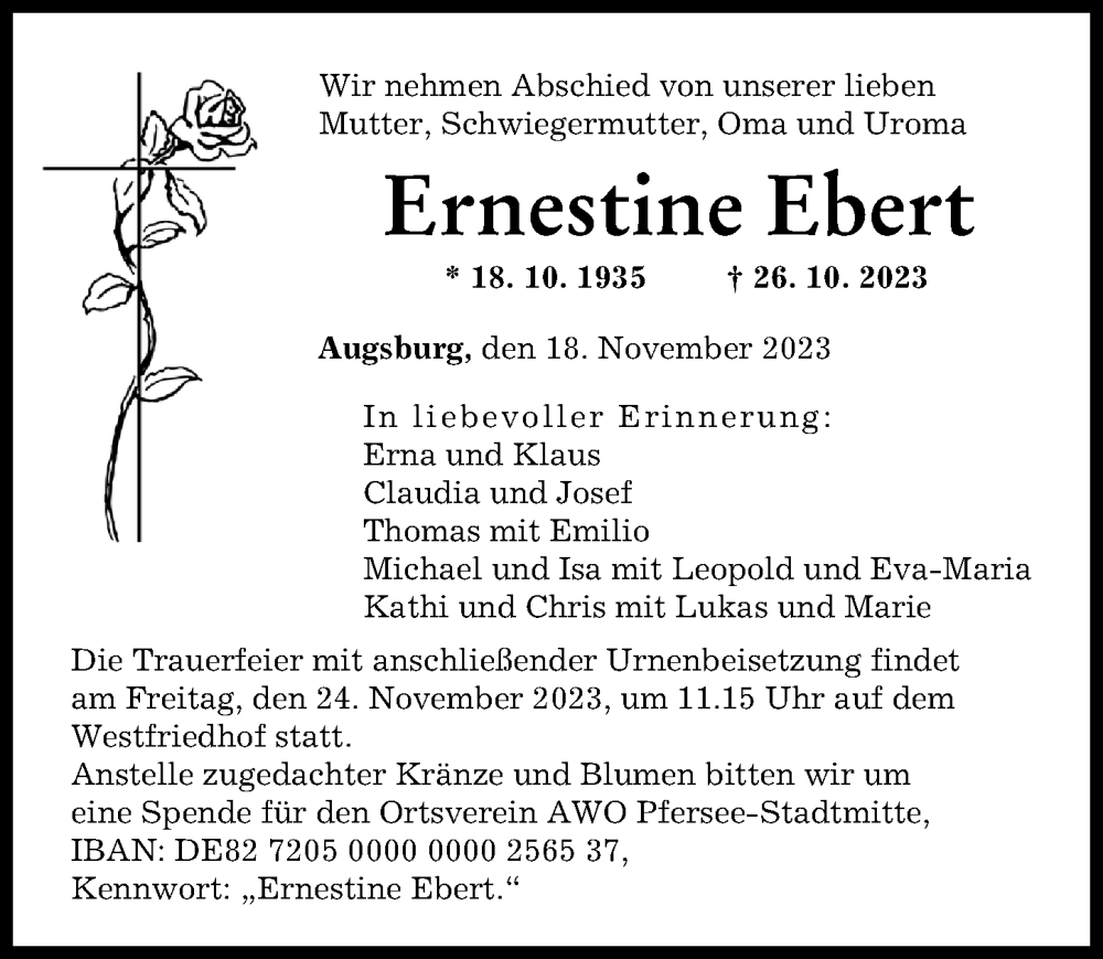 Traueranzeige von Ernestine Ebert von Augsburger Allgemeine