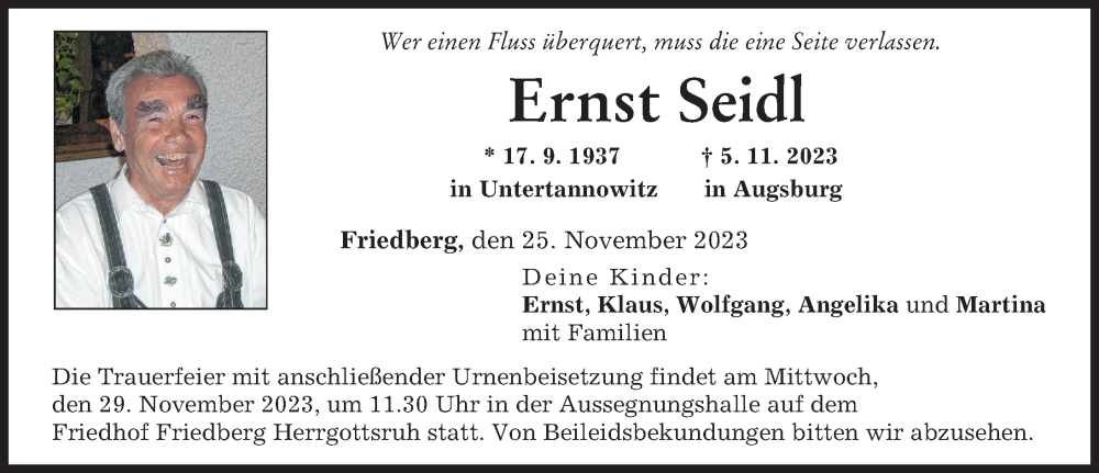 Traueranzeige von Ernst Seidl von Friedberger Allgemeine