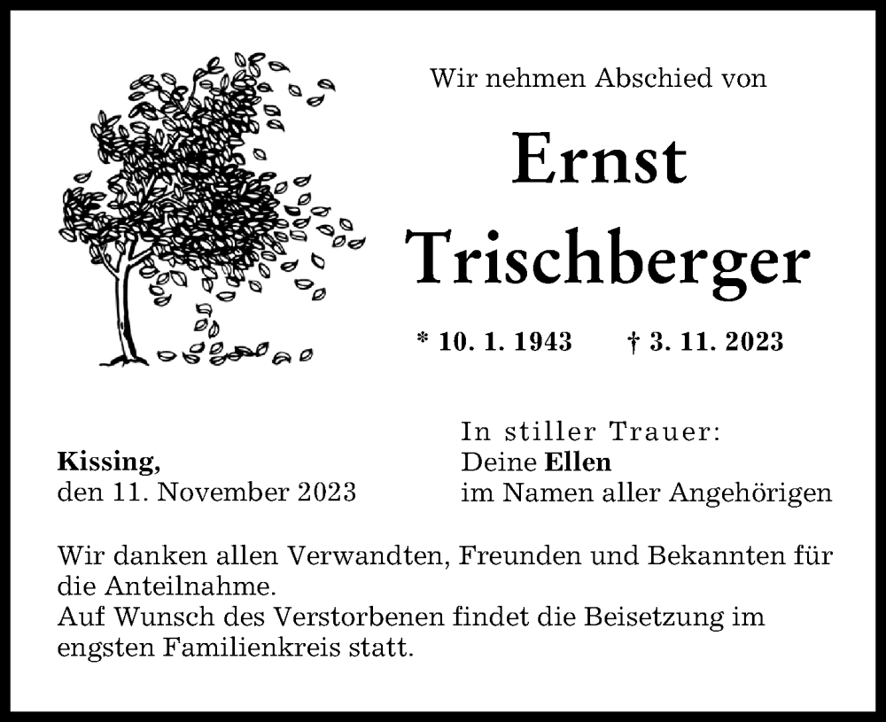 Traueranzeige von Ernst Trischberger von Friedberger Allgemeine