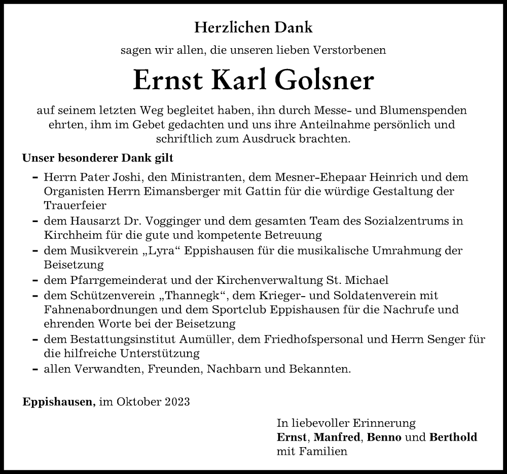 Traueranzeige von Ernst Karl Golsner von Mindelheimer Zeitung
