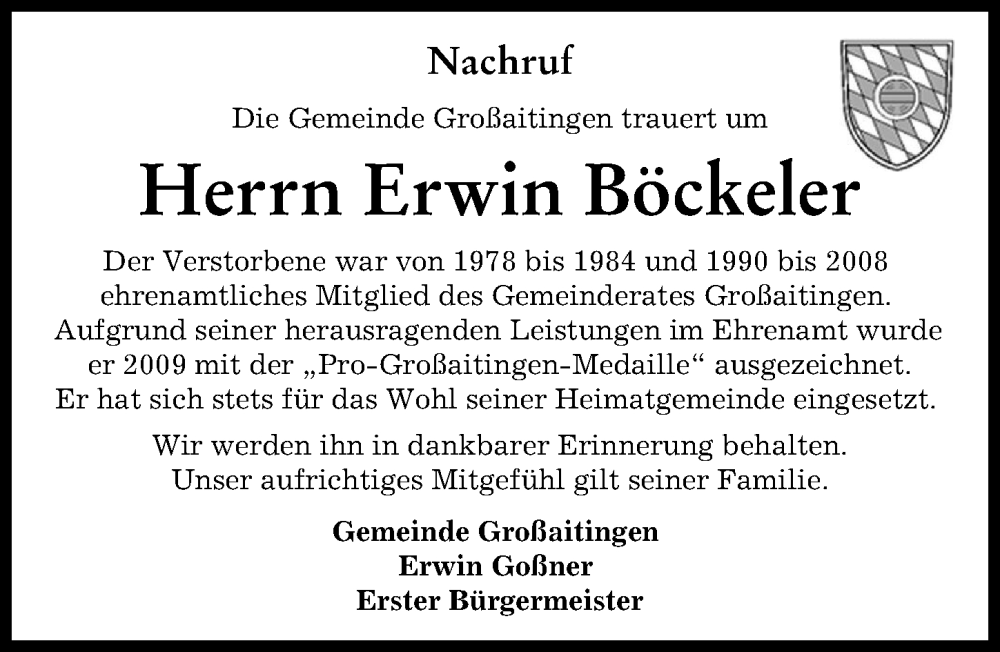  Traueranzeige für Erwin Böckeler vom 30.11.2023 aus Schwabmünchner Allgemeine