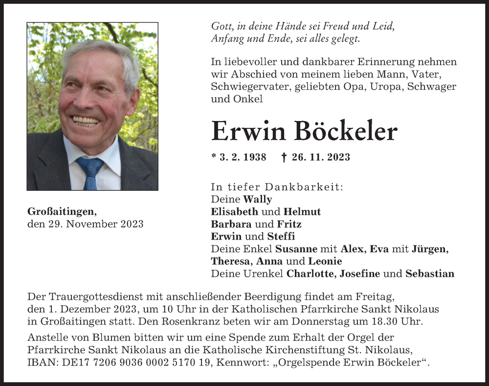  Traueranzeige für Erwin Böckeler vom 29.11.2023 aus Schwabmünchner Allgemeine