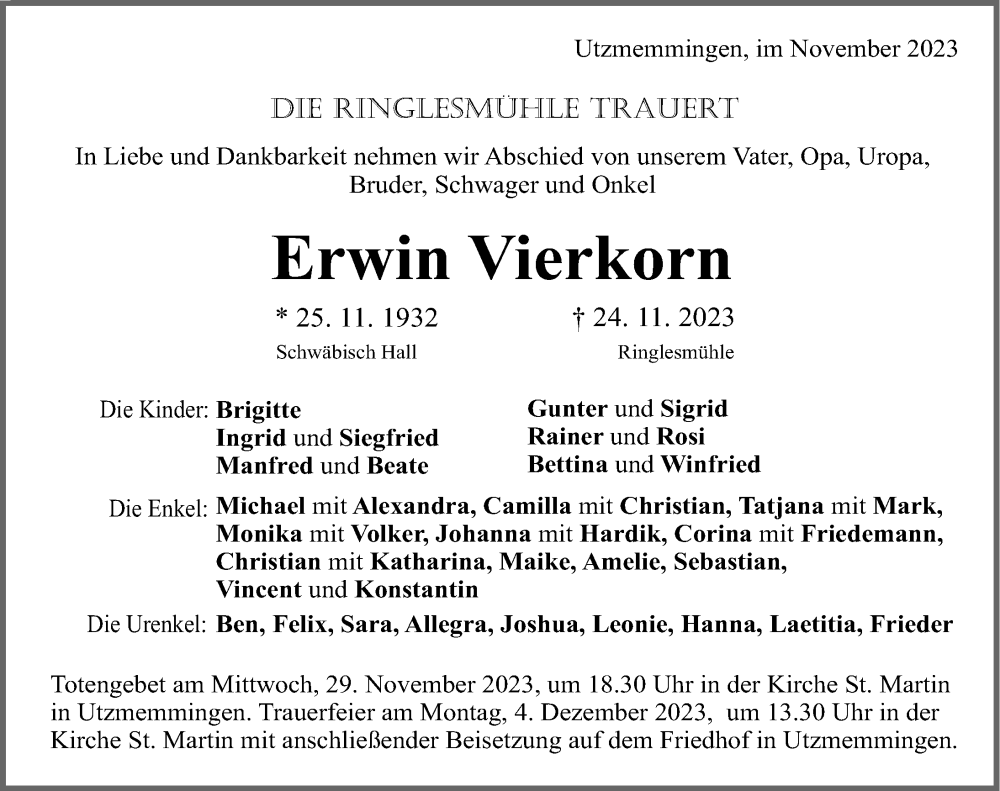  Traueranzeige für Erwin Vierkorn vom 28.11.2023 aus Rieser Nachrichten