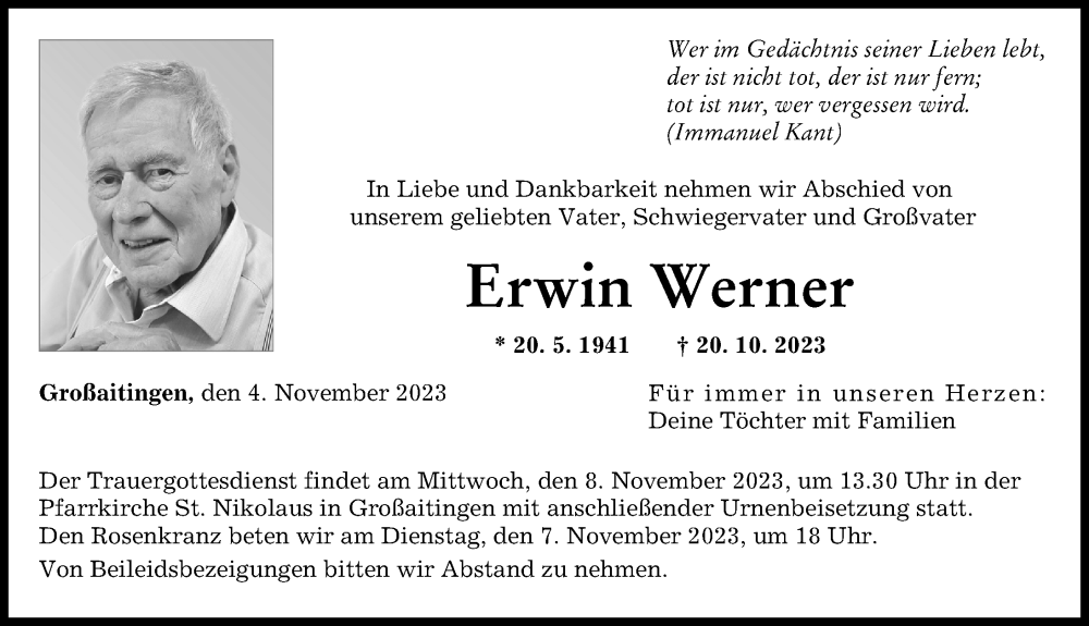 Traueranzeige von Erwin Werner von Schwabmünchner Allgemeine
