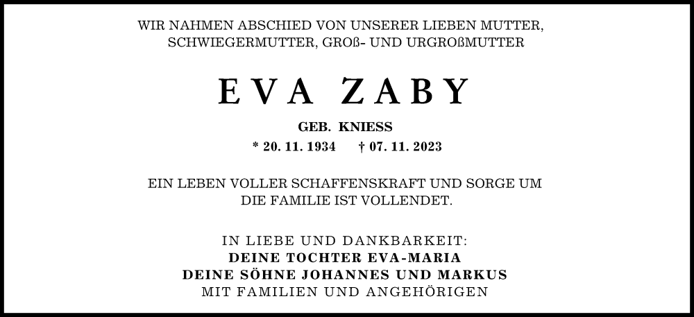 Traueranzeige von Eva Zaby von Augsburger Allgemeine