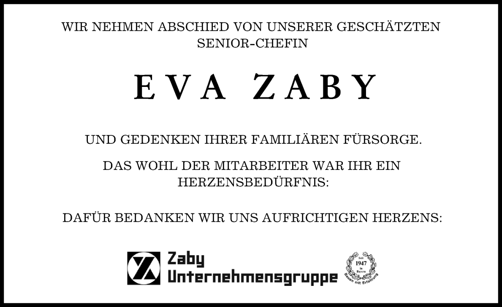 Traueranzeige von Eva Zaby von Augsburger Allgemeine