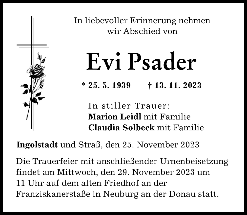  Traueranzeige für Evi Psader vom 25.11.2023 aus Neuburger Rundschau