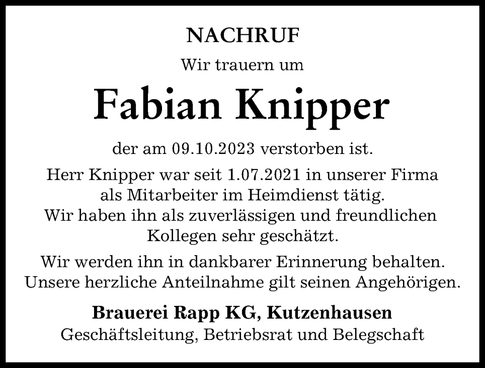 Traueranzeige von Fabian Knipper von Augsburg-Land