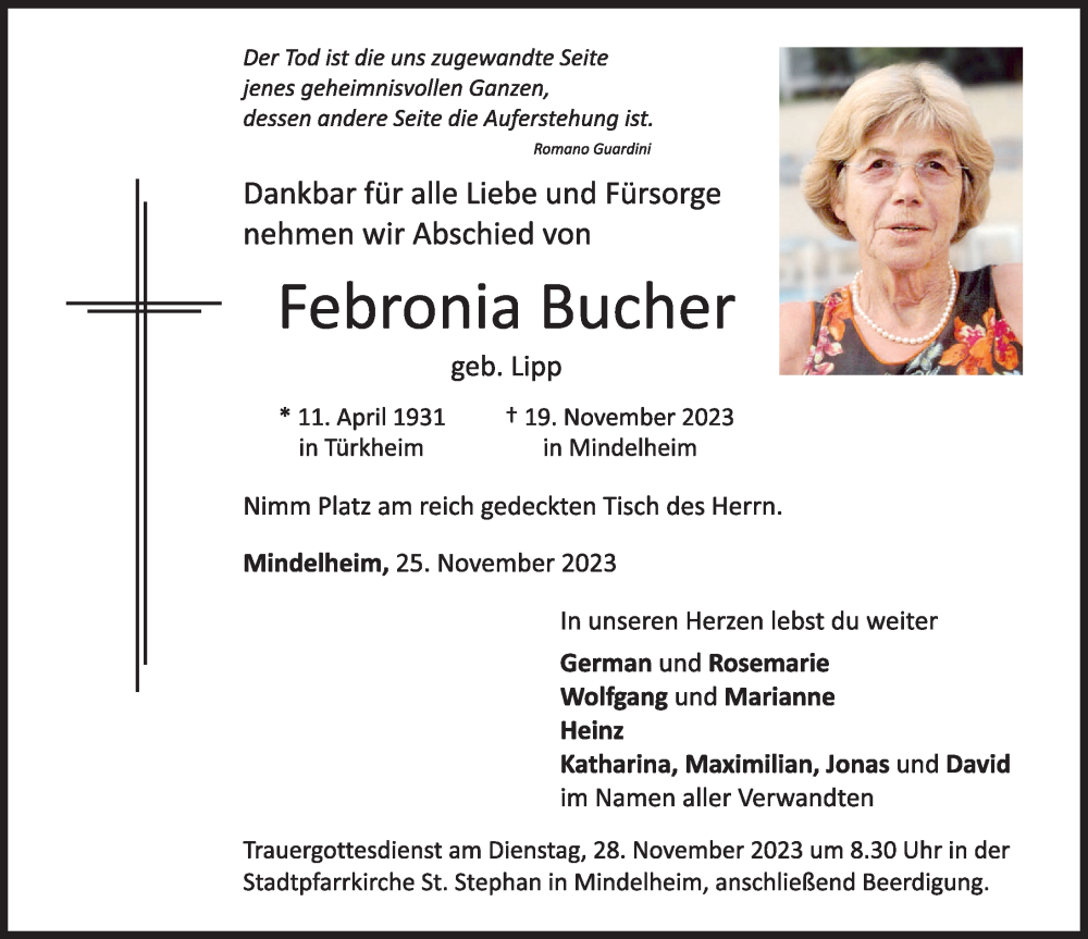  Traueranzeige für Febronia Bucher vom 25.11.2023 aus Mindelheimer Zeitung