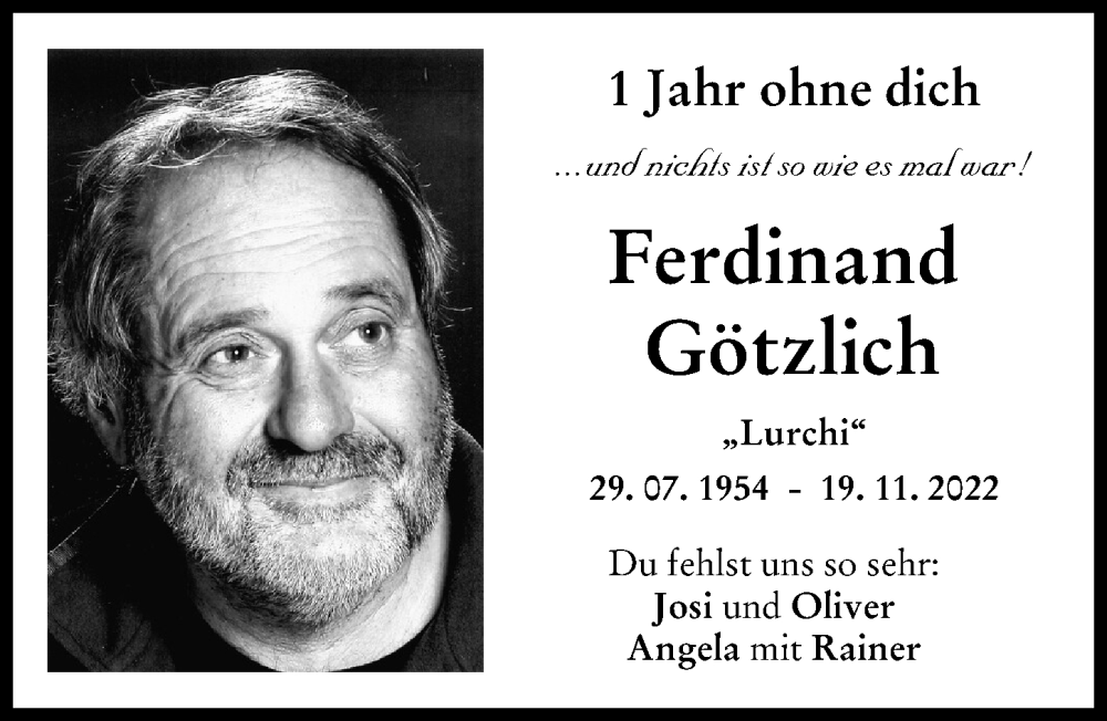  Traueranzeige für Ferdinand Götzlich vom 18.11.2023 aus Günzburger Zeitung
