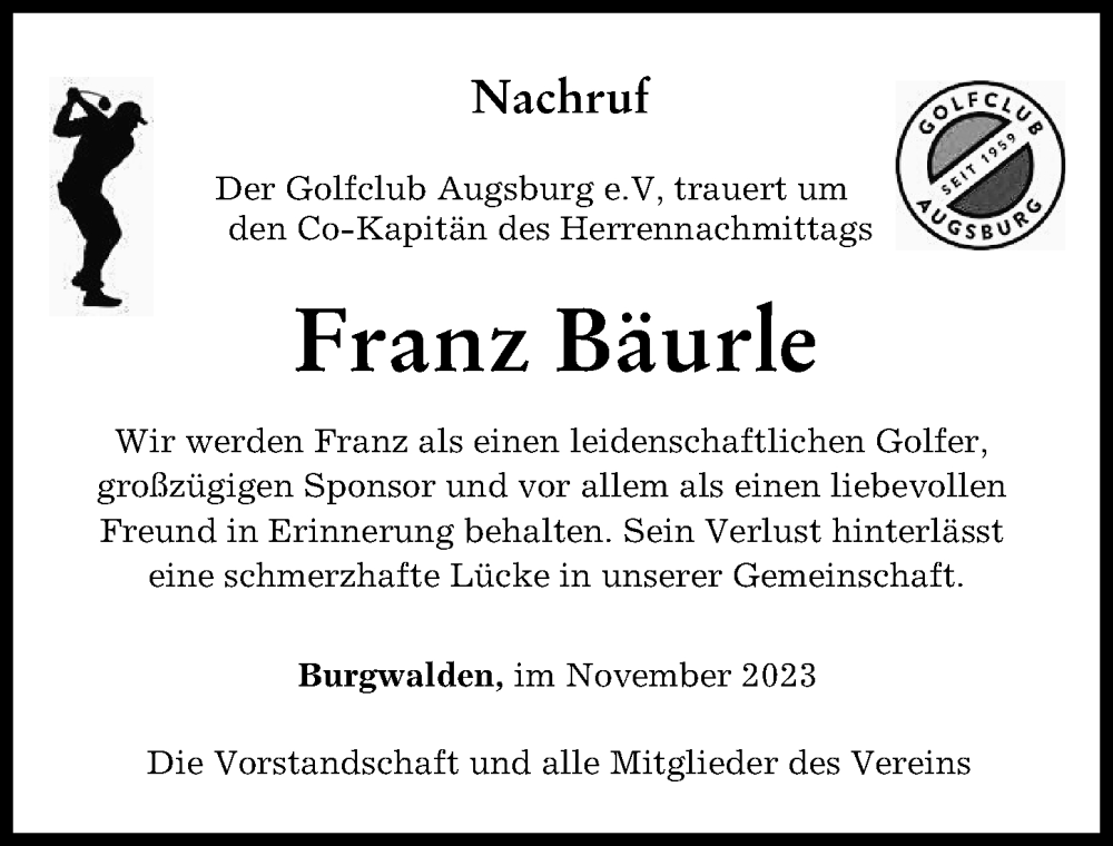 Traueranzeige von Franz Bäurle von Augsburger Allgemeine