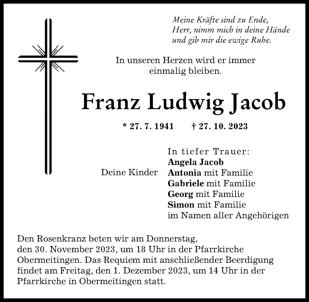  Traueranzeige für Franz  Jacob vom 27.11.2023 aus Schwabmünchner Allgemeine, Landsberger Tagblatt