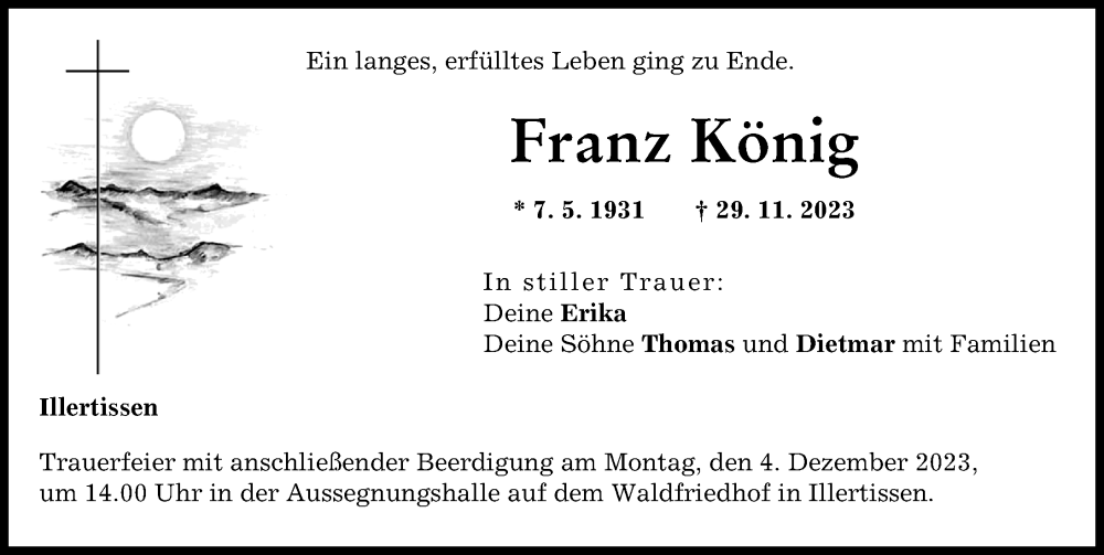  Traueranzeige für Franz König vom 01.12.2023 aus Illertisser Zeitung
