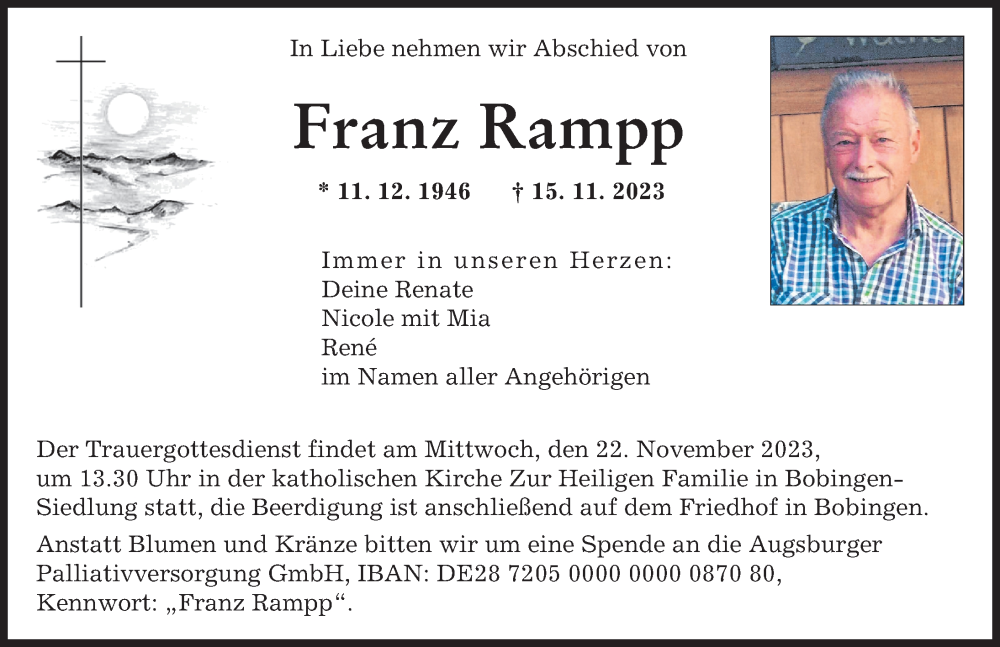  Traueranzeige für Franz Rampp vom 18.11.2023 aus Augsburger Allgemeine