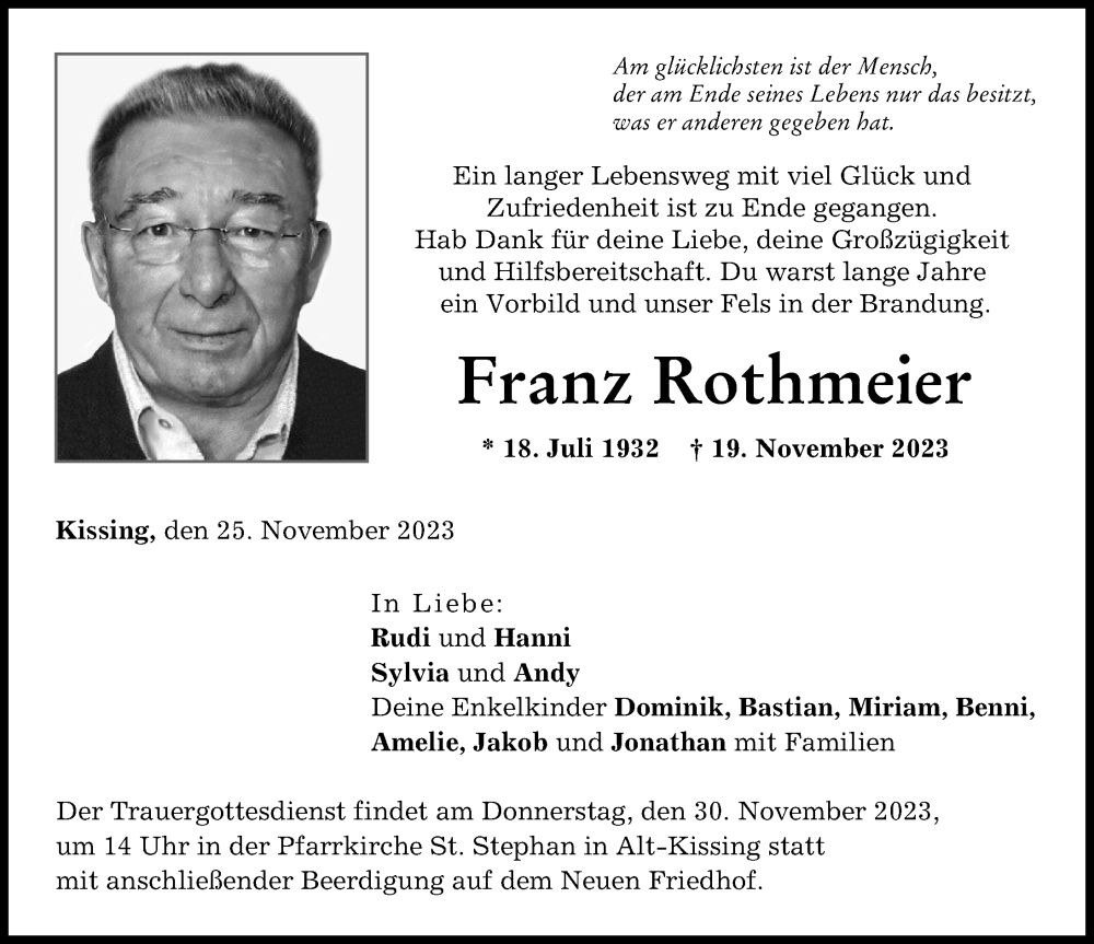 Traueranzeige von Franz Rothmeier von Friedberger Allgemeine