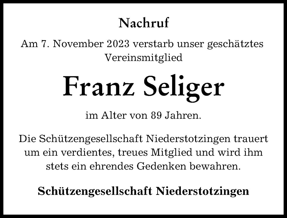 Traueranzeige von Franz Seliger von Günzburger Zeitung