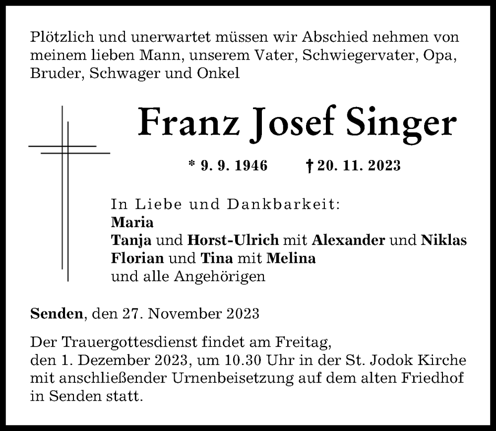 Traueranzeige von Franz Singer von Neu-Ulmer Zeitung