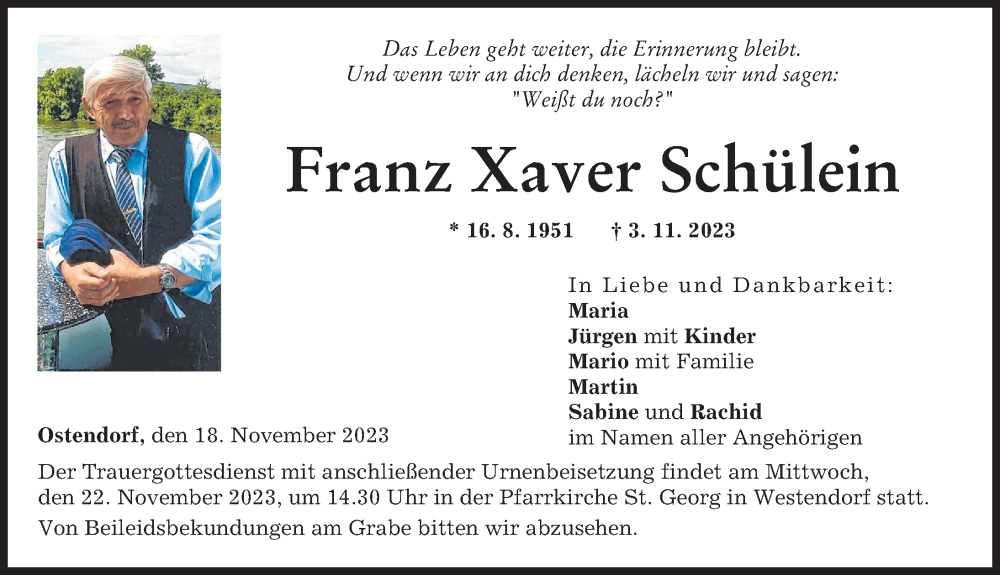  Traueranzeige für Franz Xaver Schülein vom 18.11.2023 aus Wertinger Zeitung, Augsburger Allgemeine