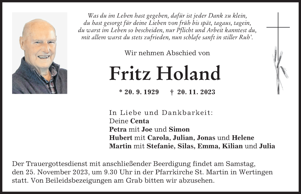 Traueranzeige von Fritz Holand von Wertinger Zeitung