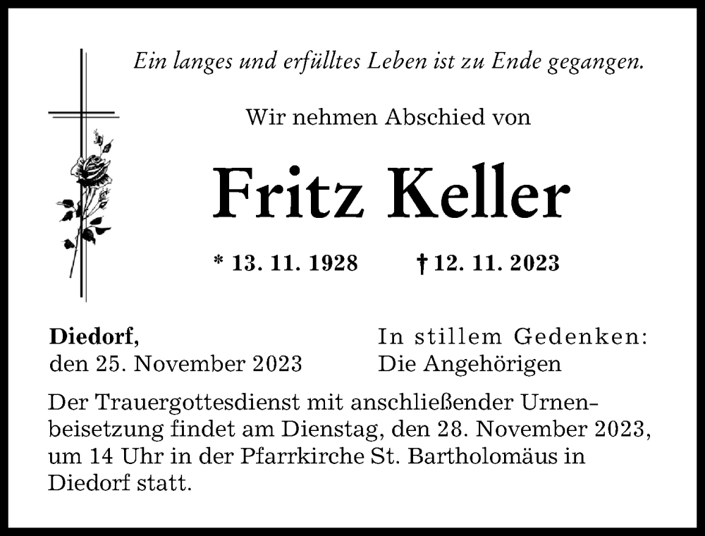  Traueranzeige für Fritz Keller vom 25.11.2023 aus Augsburger Allgemeine