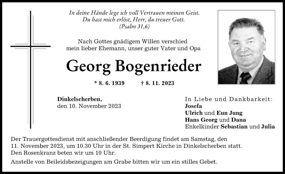 Traueranzeigen von Georg Bogenrieder | Augsburger Allgemeine Zeitung