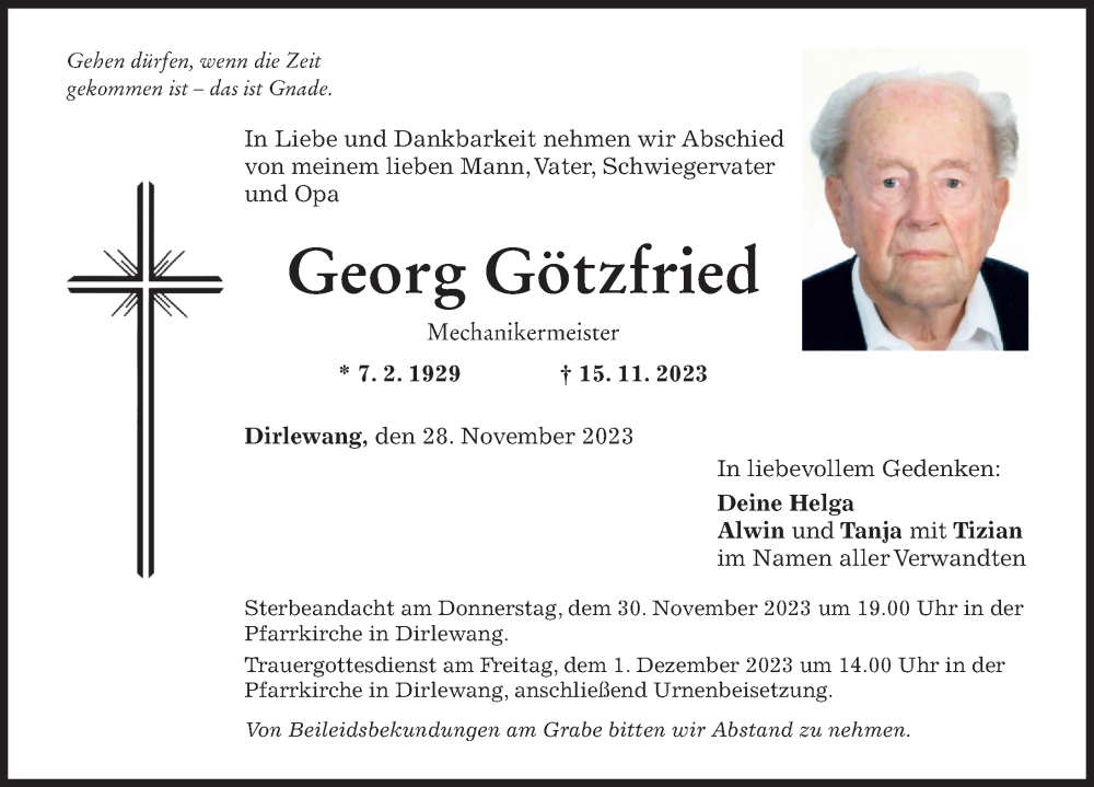  Traueranzeige für Georg Götzfried vom 28.11.2023 aus Mindelheimer Zeitung