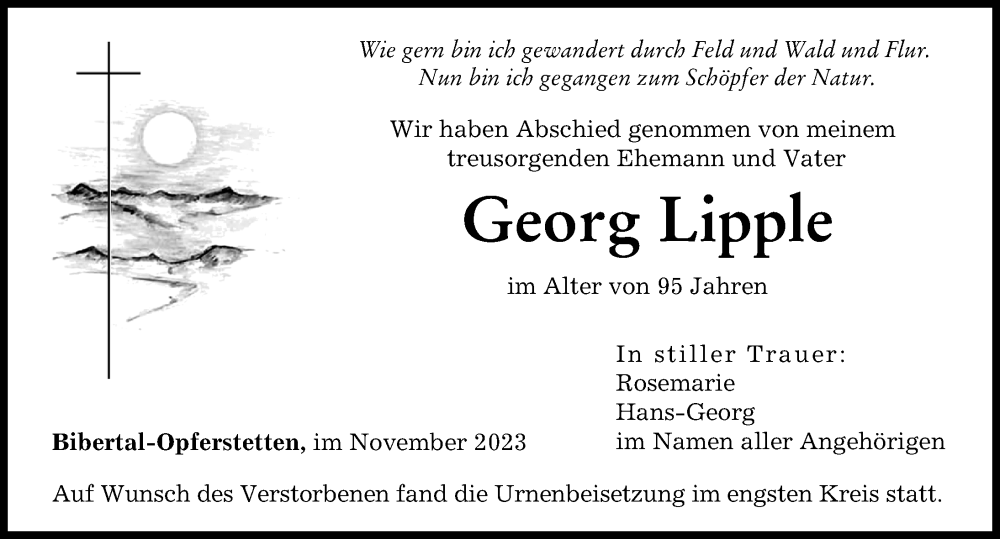  Traueranzeige für Georg Lipple vom 24.11.2023 aus Günzburger Zeitung