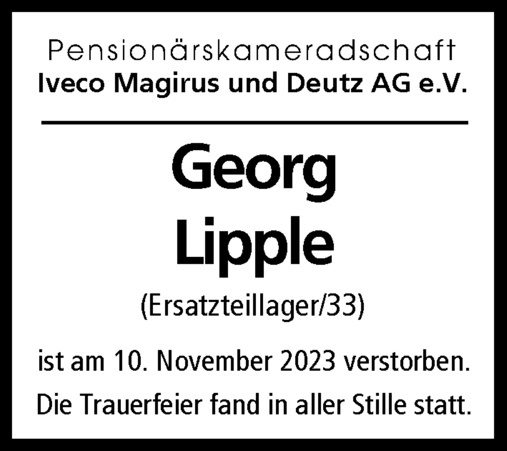 Traueranzeige von Georg Lipple von Illertisser Zeitung, Günzburger Zeitung, Neu-Ulmer Zeitung