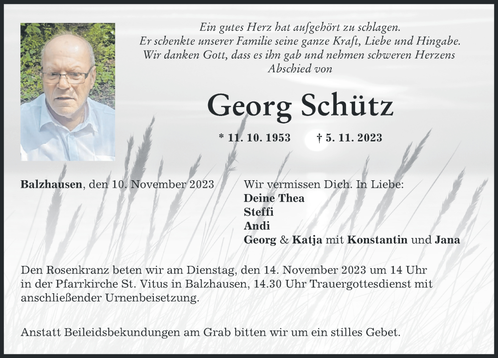 Traueranzeige für Georg Schütz vom 10.11.2023 aus Mittelschwäbische Nachrichten