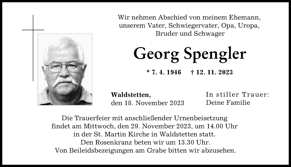Traueranzeige von Georg Spengler von Günzburger Zeitung