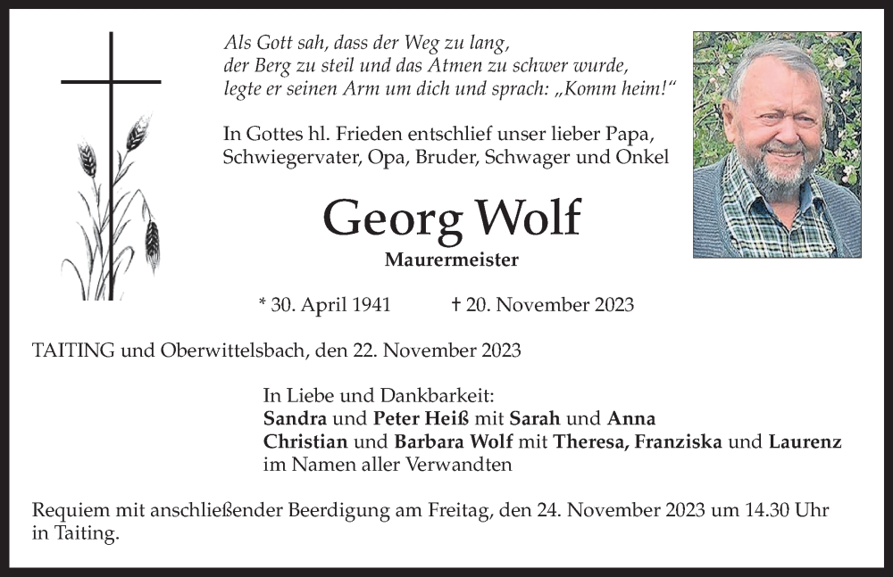 Traueranzeige von Georg Wolf von Friedberger Allgemeine