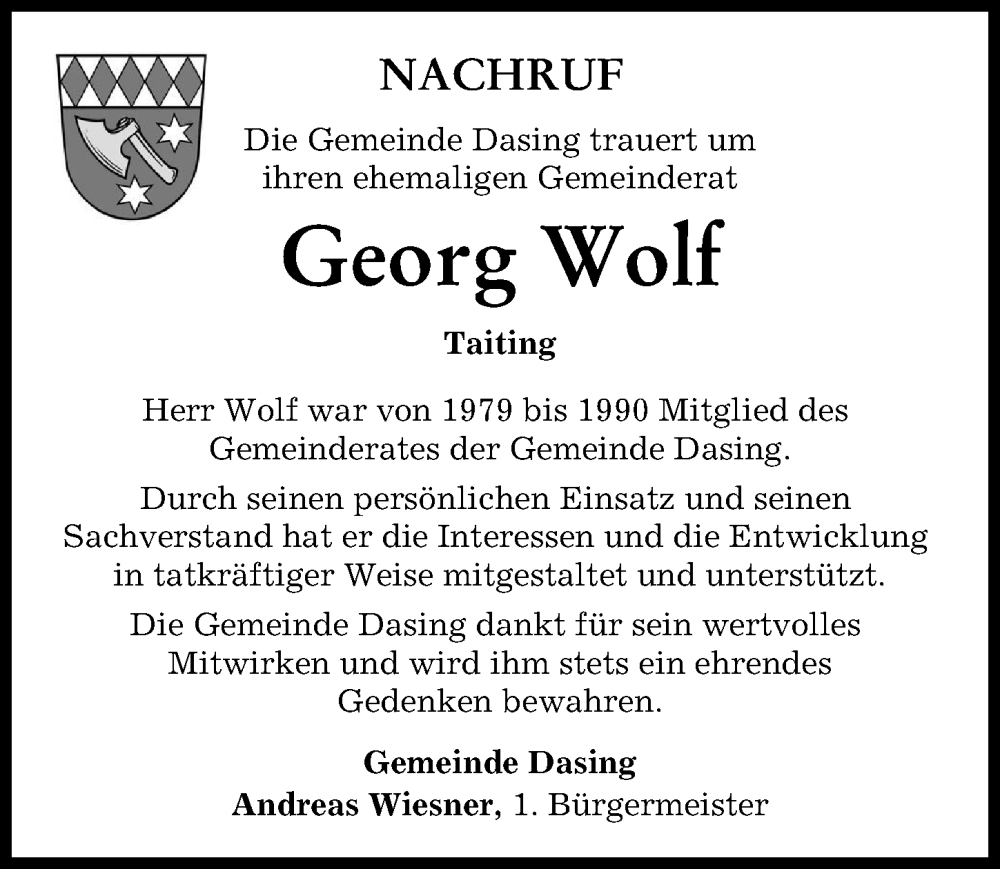 Traueranzeige von Georg Wolf von Friedberger Allgemeine